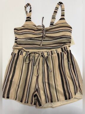 No Boundaries Beige Brown Striped Knit Tank Top & Shorts Set